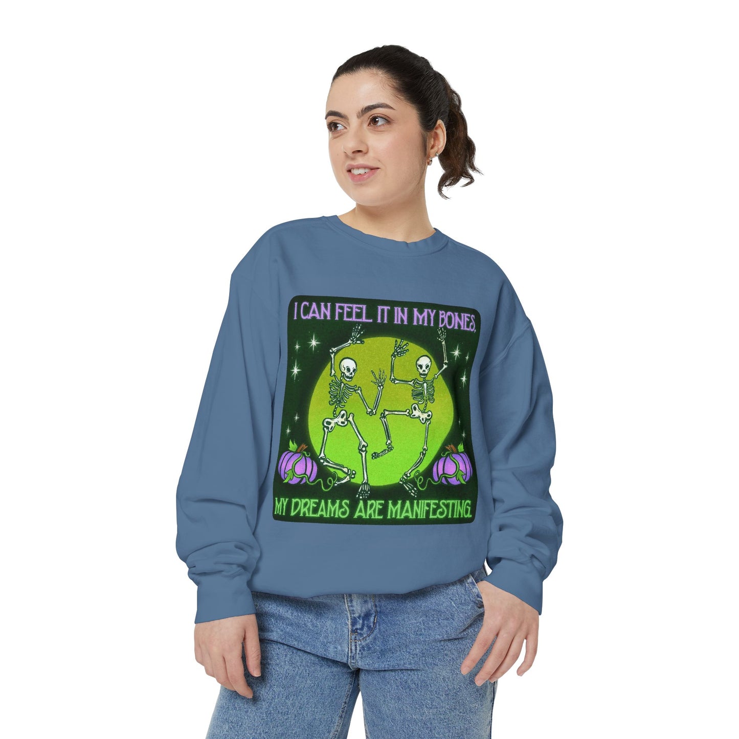 Spooky Manifesting Sweatshirt, Unisex Skeleton Pullover, Halloween Apparel, Cozy Fall Fashion, Casual Trendy Top, Unique Gift