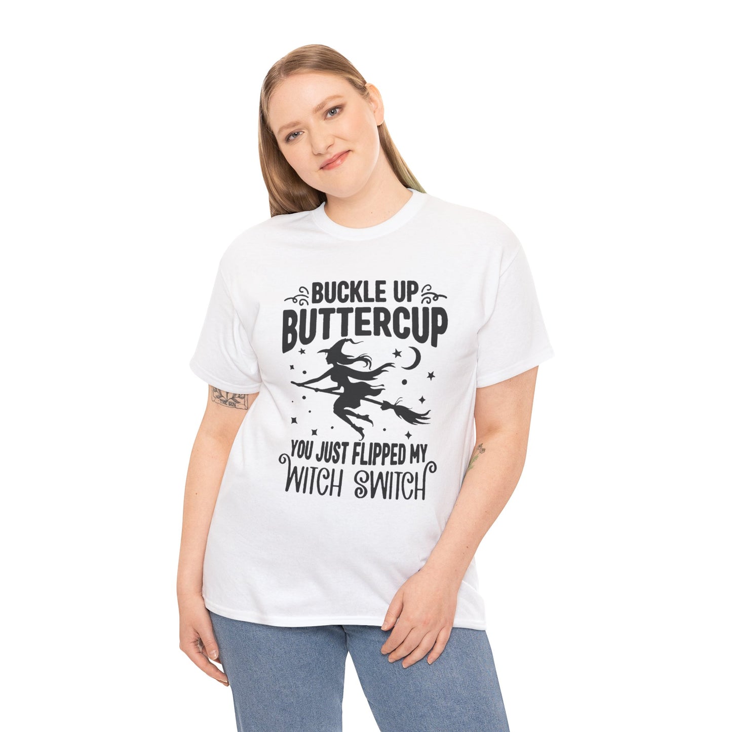 Witchy Humor Tee - Buckle Up Buttercup, Unisex Heavy Cotton Tee, Halloween Shirt, Casual Wear, Gift for Her, Funny T-Shirt