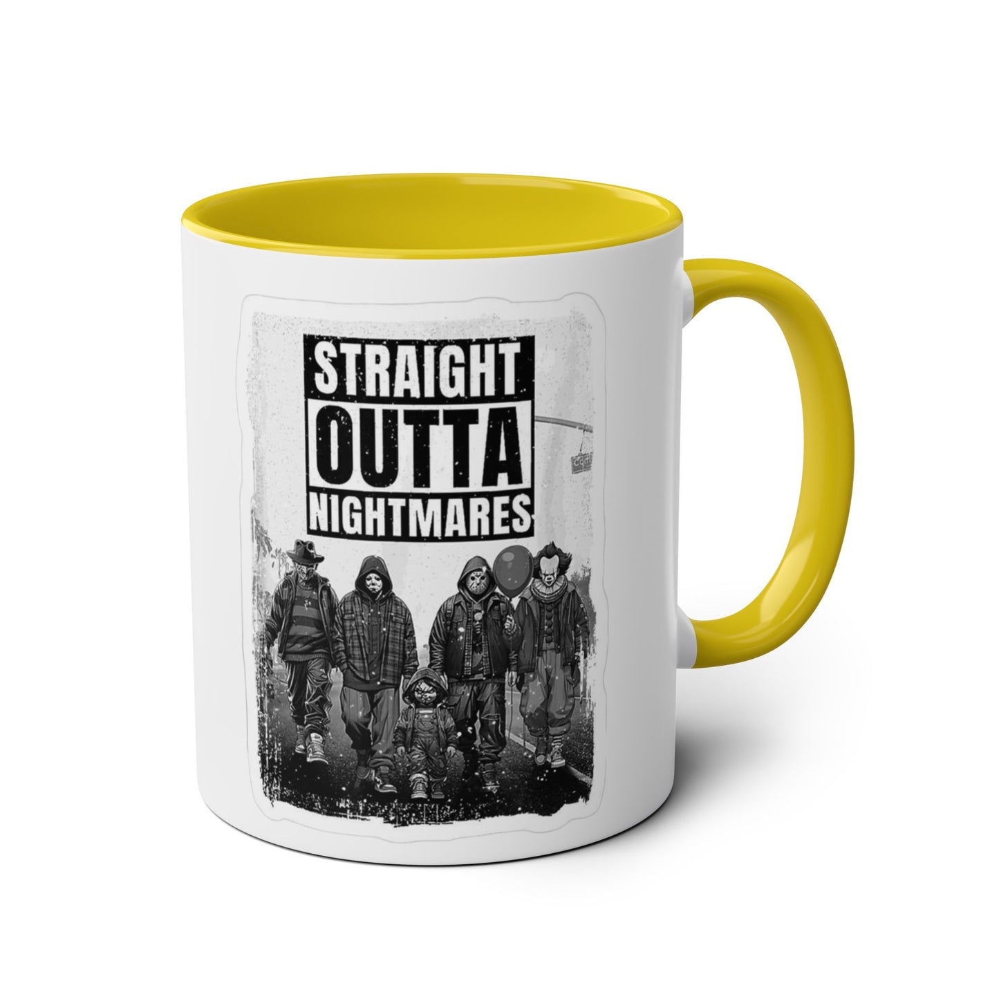 Straight Outta Nightmares Two-Tone Coffee Mug, Unique Gift for Halloween, Fun Office Decor, Red Handle Mug, Collectible Coffee Cup