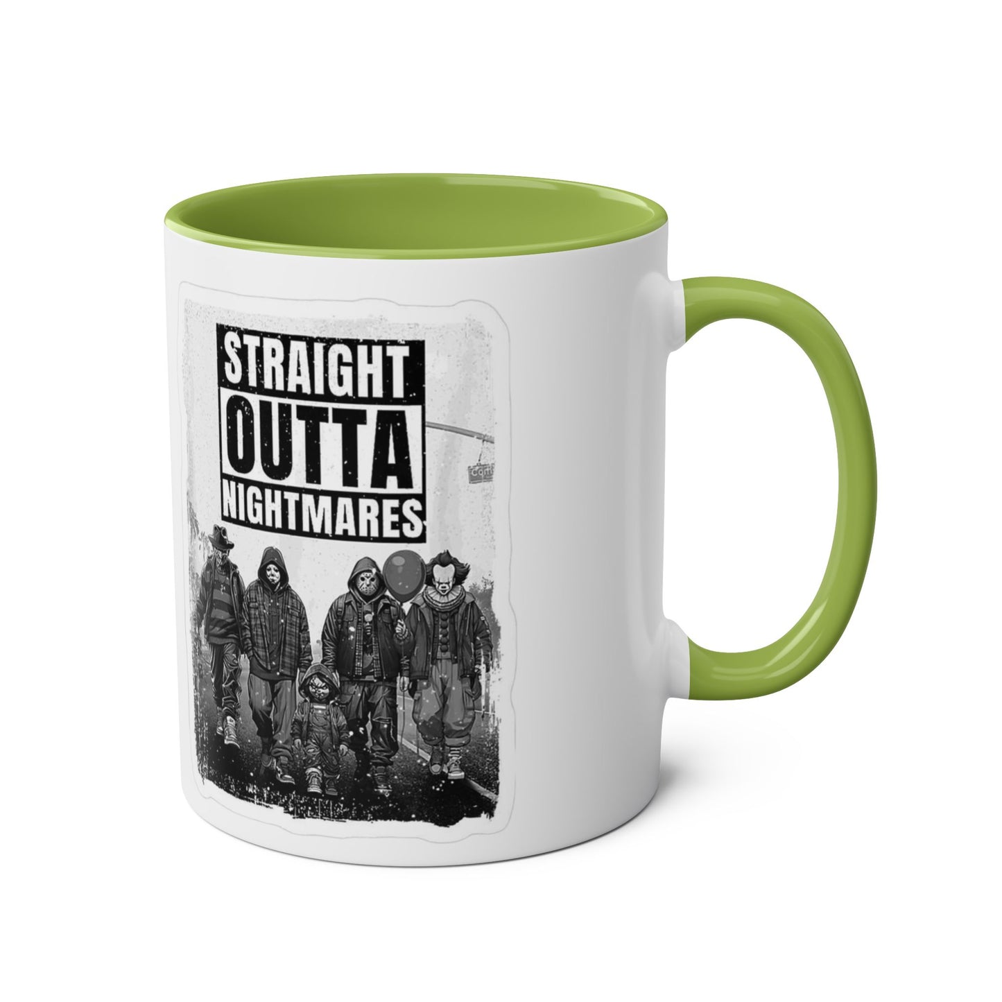 Straight Outta Nightmares Two-Tone Coffee Mug, Unique Gift for Halloween, Fun Office Decor, Red Handle Mug, Collectible Coffee Cup