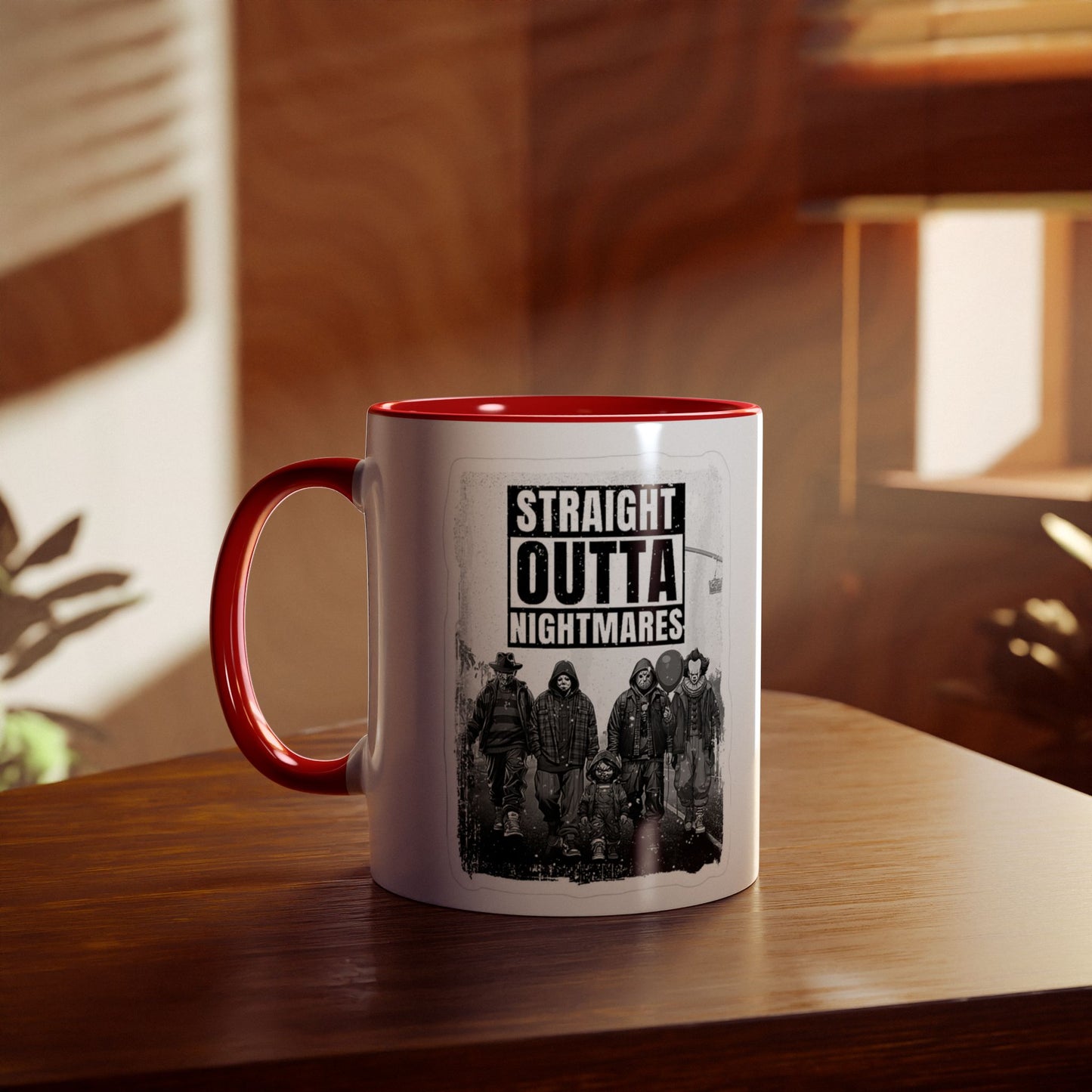 Straight Outta Nightmares Two-Tone Coffee Mug, Unique Gift for Halloween, Fun Office Decor, Red Handle Mug, Collectible Coffee Cup