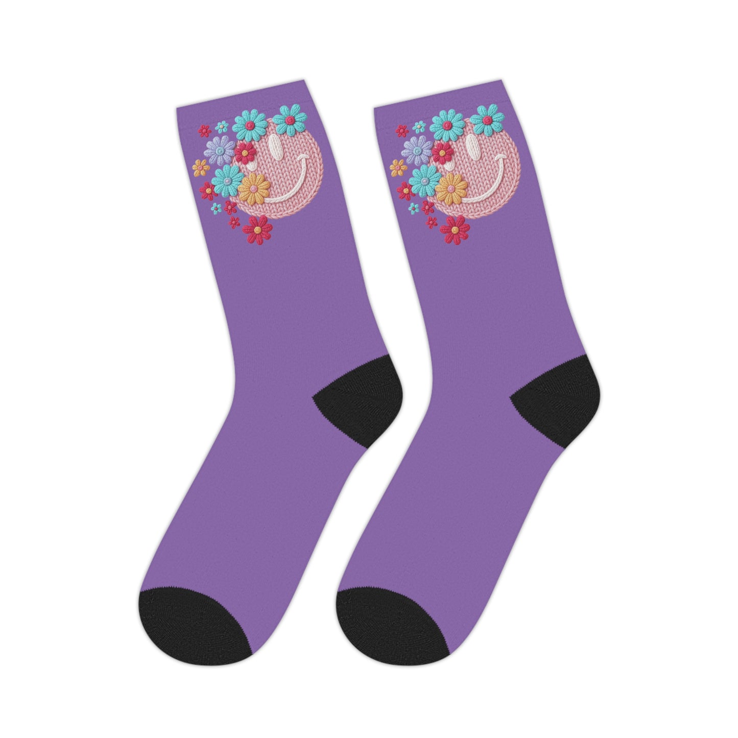Purple Floral Smiley Mid-Length Socks — Cute Crochet Smile & Colorful Flowers
