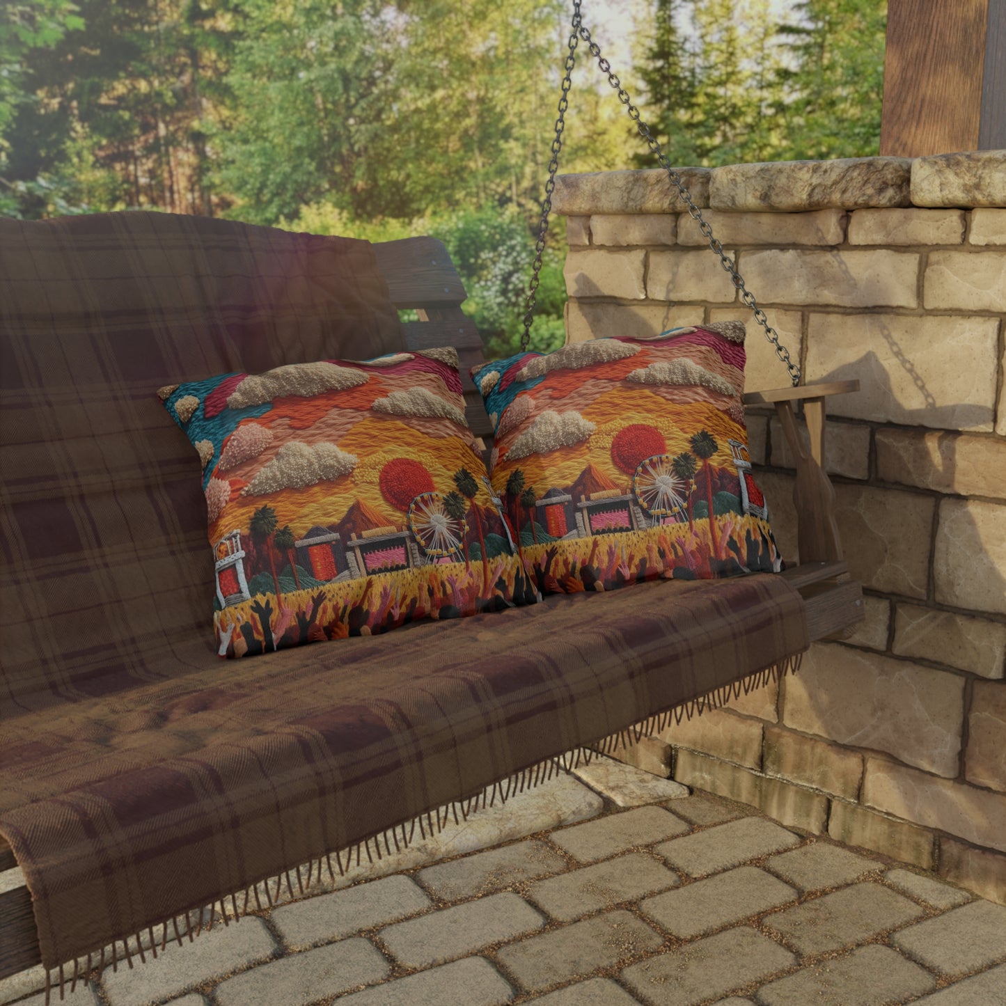 Retro Festival Outdoor Pillow — Sunset Carnival Embroidered Design