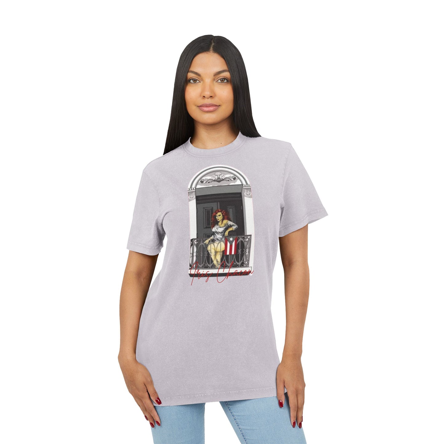 Iris Chacon Orgullo Boricua Chic Acid Washed Tee featuring Balcony Art, Stylish Casual T-Shirt, Graphic Tee for Art Lovers, Cozy Summer Top,