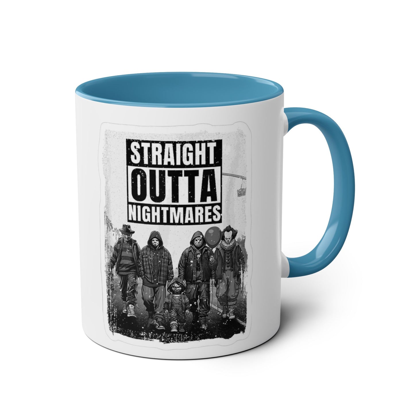 Straight Outta Nightmares Two-Tone Coffee Mug, Unique Gift for Halloween, Fun Office Decor, Red Handle Mug, Collectible Coffee Cup