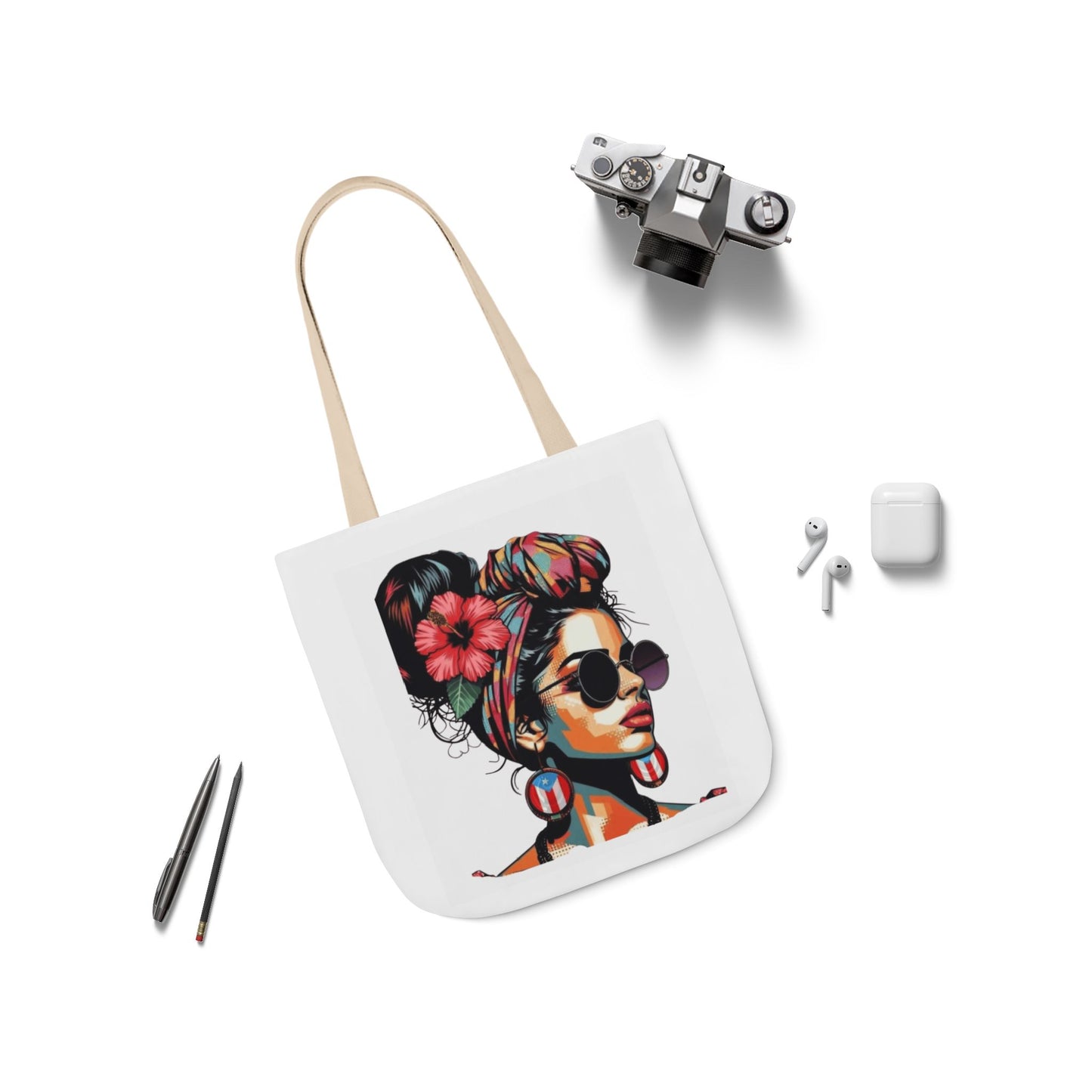 Carry Your Culture – Puerto Rican Pride in Every Step Chic Canvas Tote Bag - Stylish Floral Portrait, Trendy Beach Carryall, Mother's Day Gift, Everyday Shopper, Art Lovers Essential