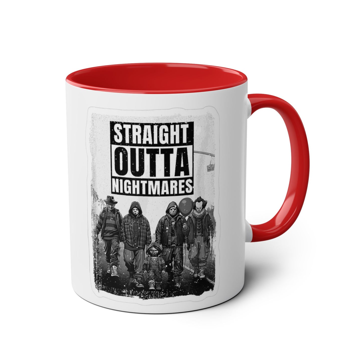 Straight Outta Nightmares Two-Tone Coffee Mug, Unique Gift for Halloween, Fun Office Decor, Red Handle Mug, Collectible Coffee Cup