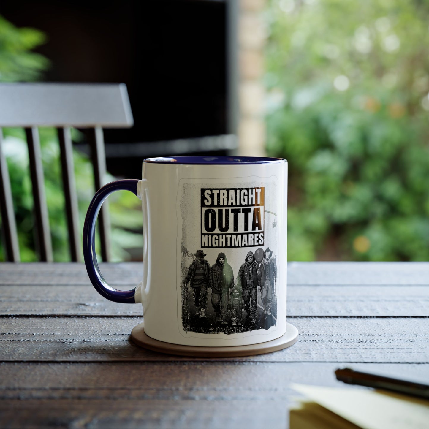 Straight Outta Nightmares Two-Tone Coffee Mug, Unique Gift for Halloween, Fun Office Decor, Red Handle Mug, Collectible Coffee Cup
