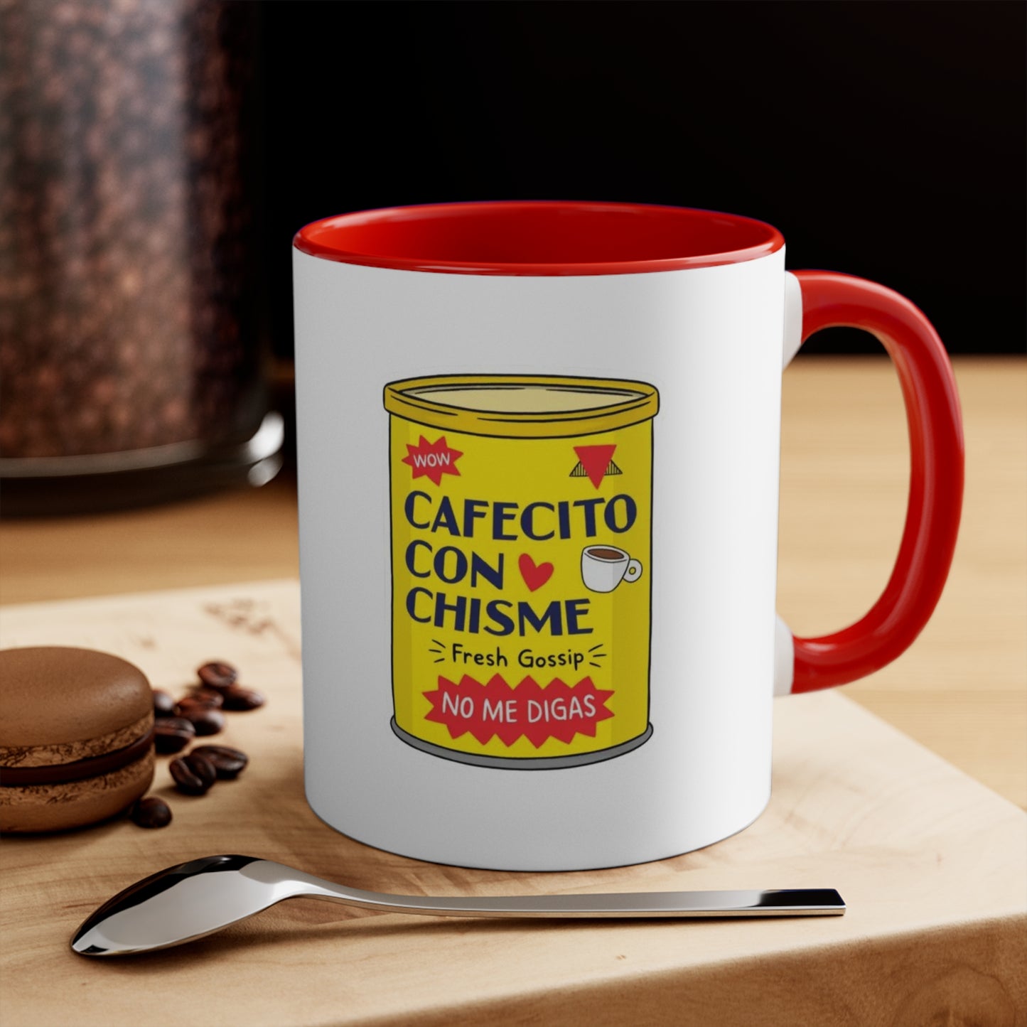 Cafecito Con Chisme Accent Mug, Coffee Lover Gift, Fun Gossip Mug, Red Handle Mug, Unique Kitchen Decor