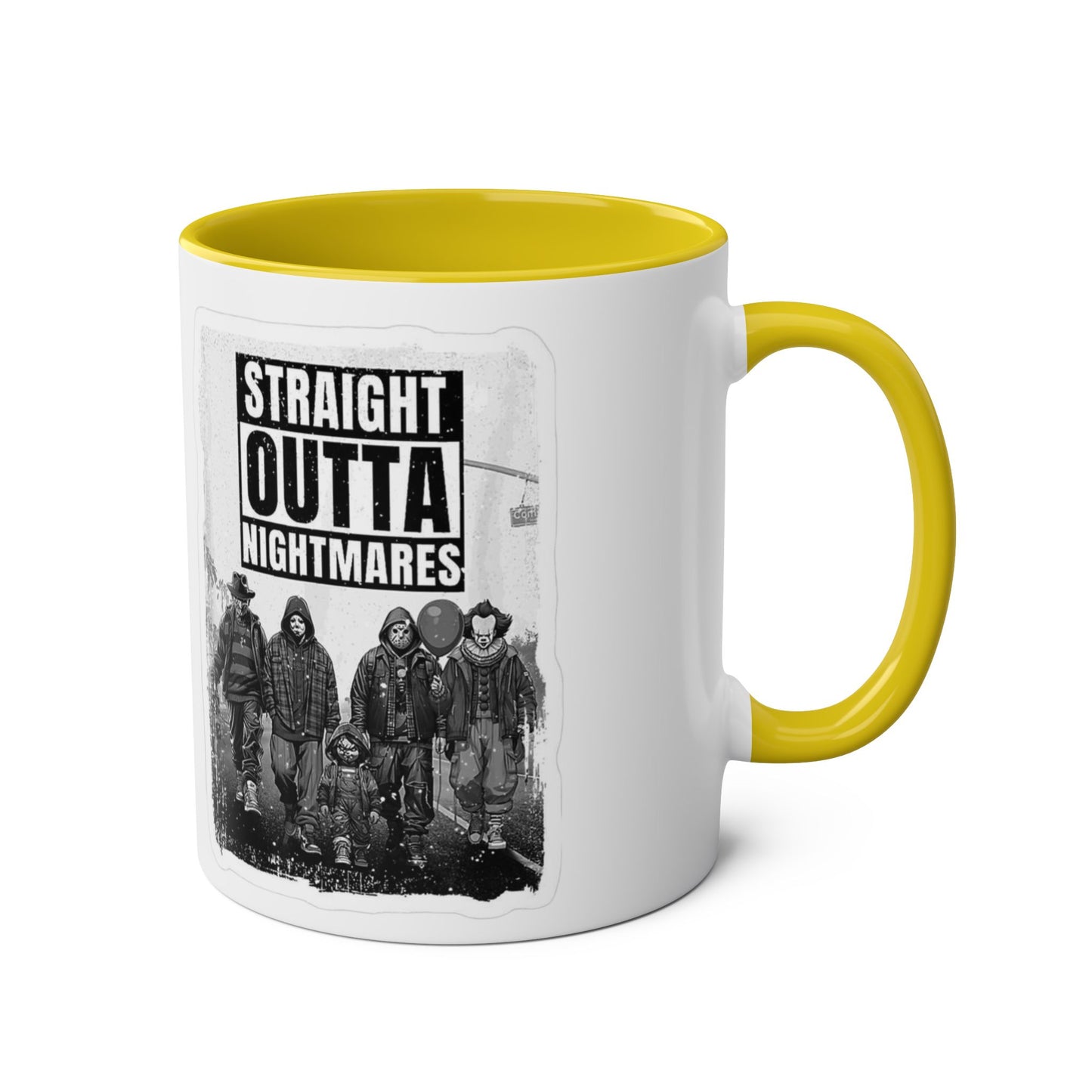 Straight Outta Nightmares Two-Tone Coffee Mug, Unique Gift for Halloween, Fun Office Decor, Red Handle Mug, Collectible Coffee Cup