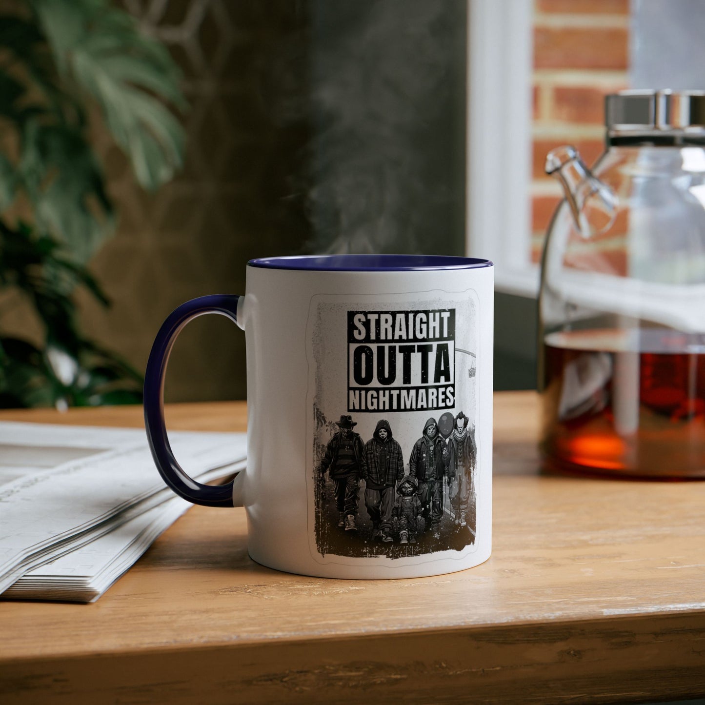 Straight Outta Nightmares Two-Tone Coffee Mug, Unique Gift for Halloween, Fun Office Decor, Red Handle Mug, Collectible Coffee Cup