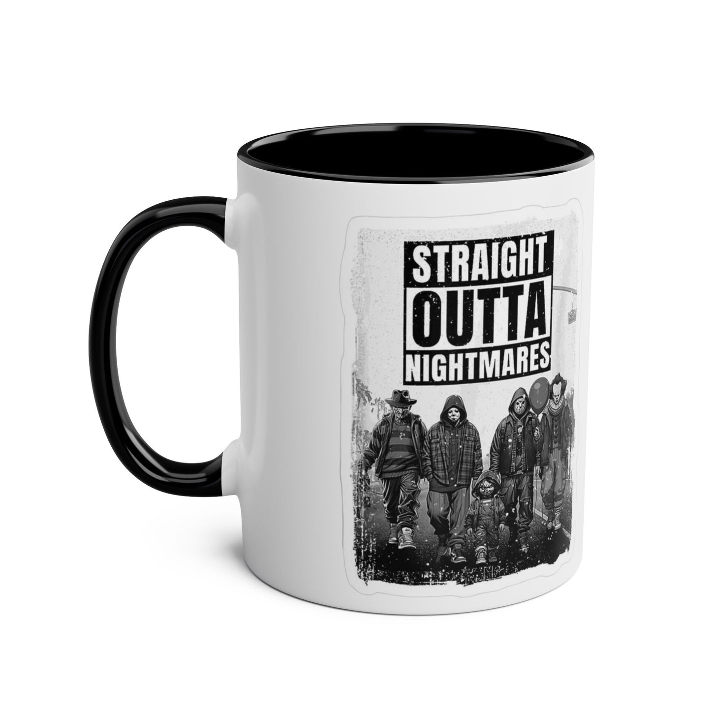 Straight Outta Nightmares Two-Tone Coffee Mug, Unique Gift for Halloween, Fun Office Decor, Red Handle Mug, Collectible Coffee Cup