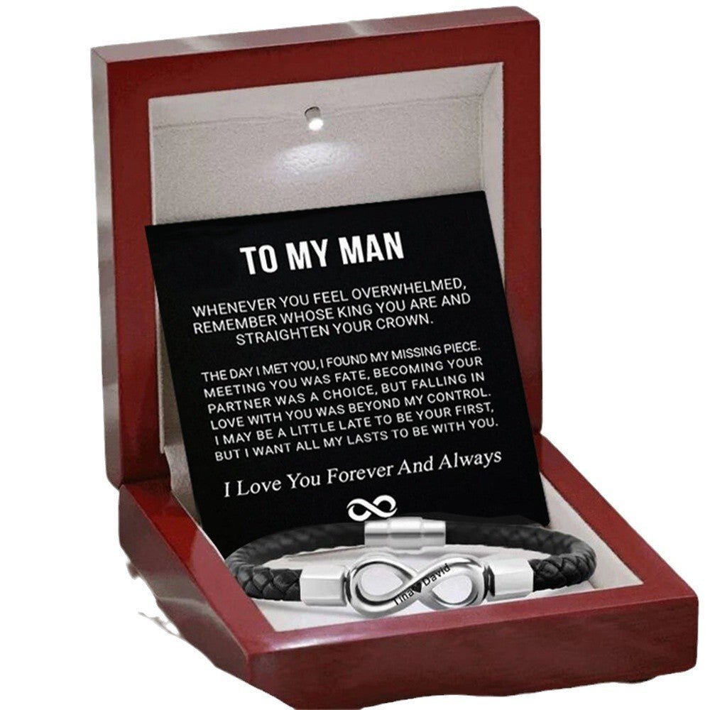 8 - Word Stainless Steel Black Handmade Leather Men's Bracelet – Stylish & Durable - Metamorphosis Creations