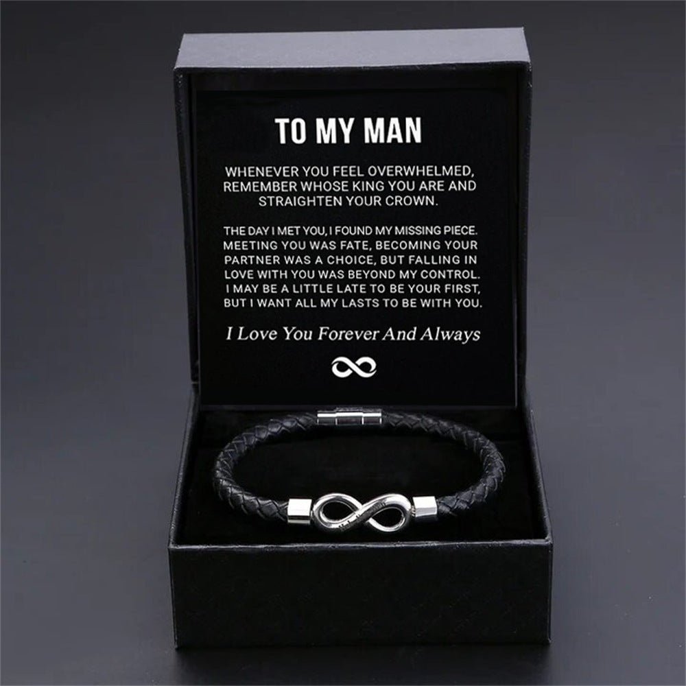 8 - Word Stainless Steel Black Handmade Leather Men's Bracelet – Stylish & Durable - Metamorphosis Creations