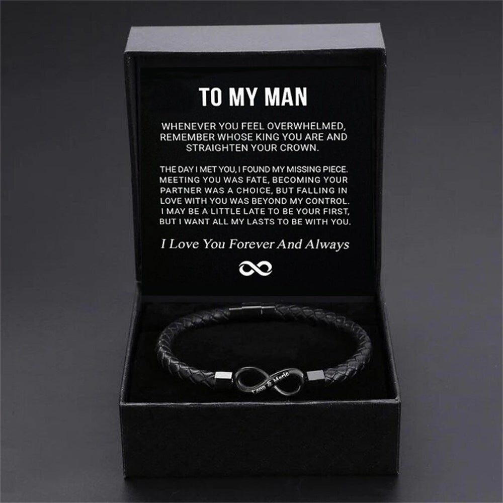 8 - Word Stainless Steel Black Handmade Leather Men's Bracelet – Stylish & Durable - Metamorphosis Creations