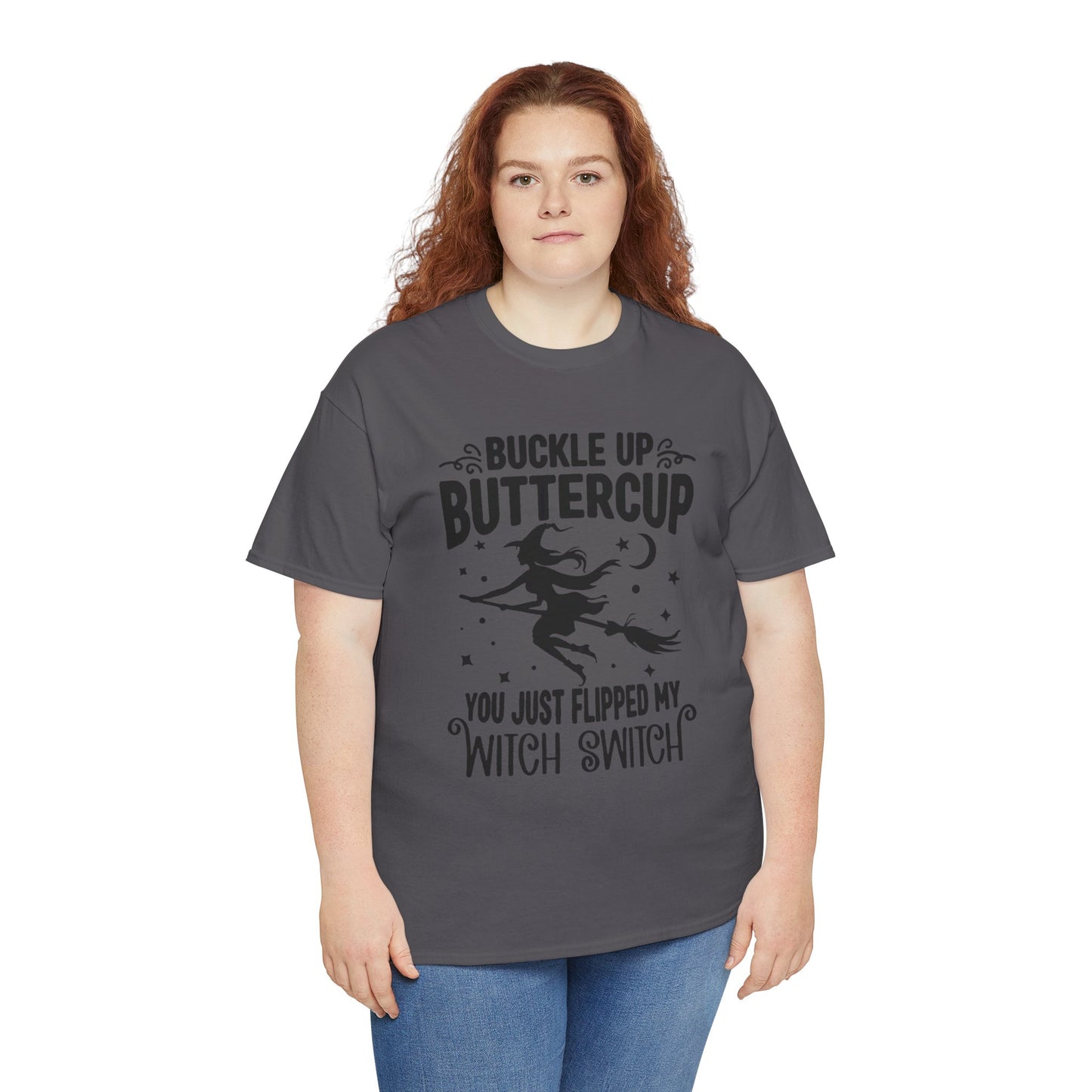 Witchy Humor Tee - Buckle Up Buttercup, Unisex Heavy Cotton Tee, Halloween Shirt, Casual Wear, Gift for Her, Funny T-Shirt