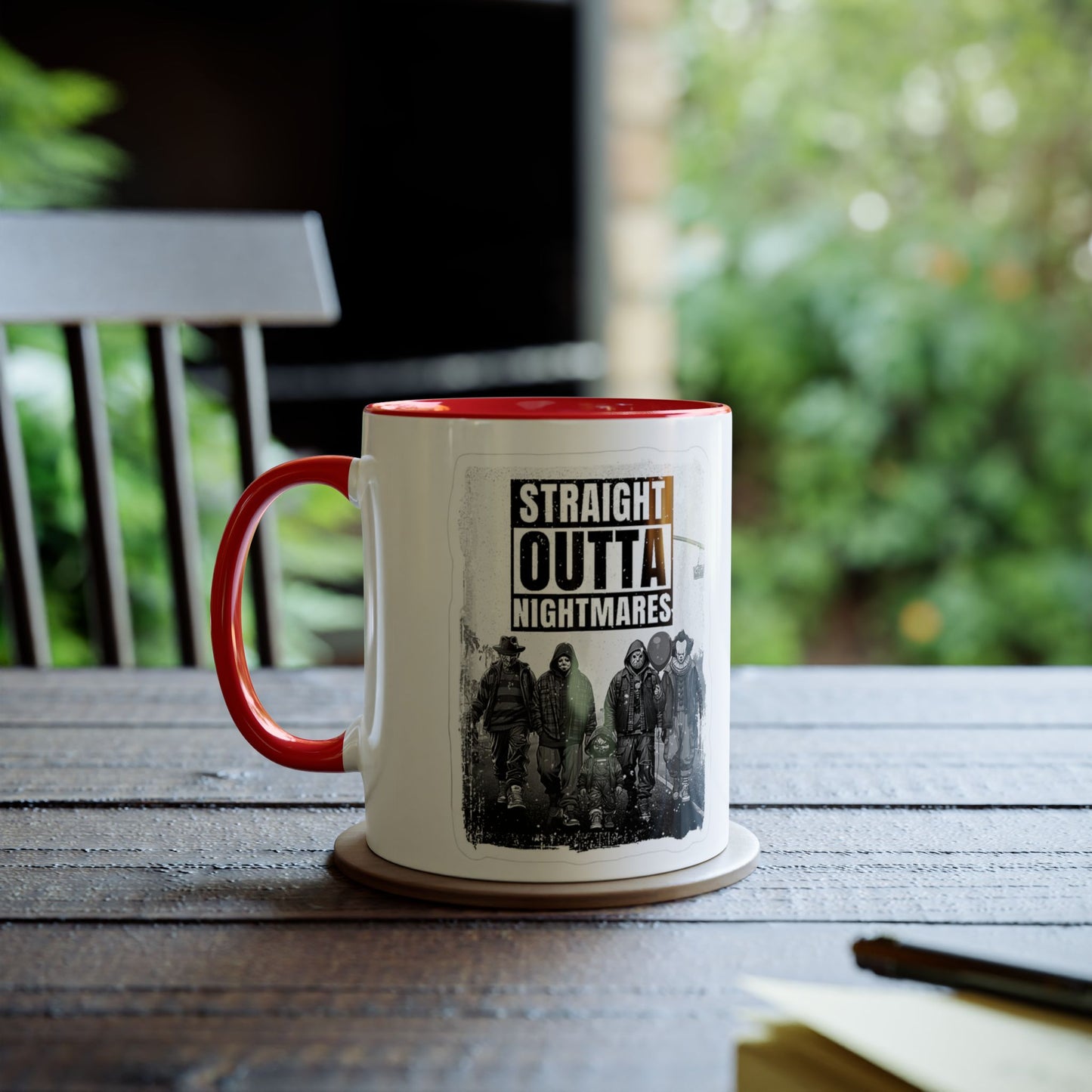 Straight Outta Nightmares Two-Tone Coffee Mug, Unique Gift for Halloween, Fun Office Decor, Red Handle Mug, Collectible Coffee Cup