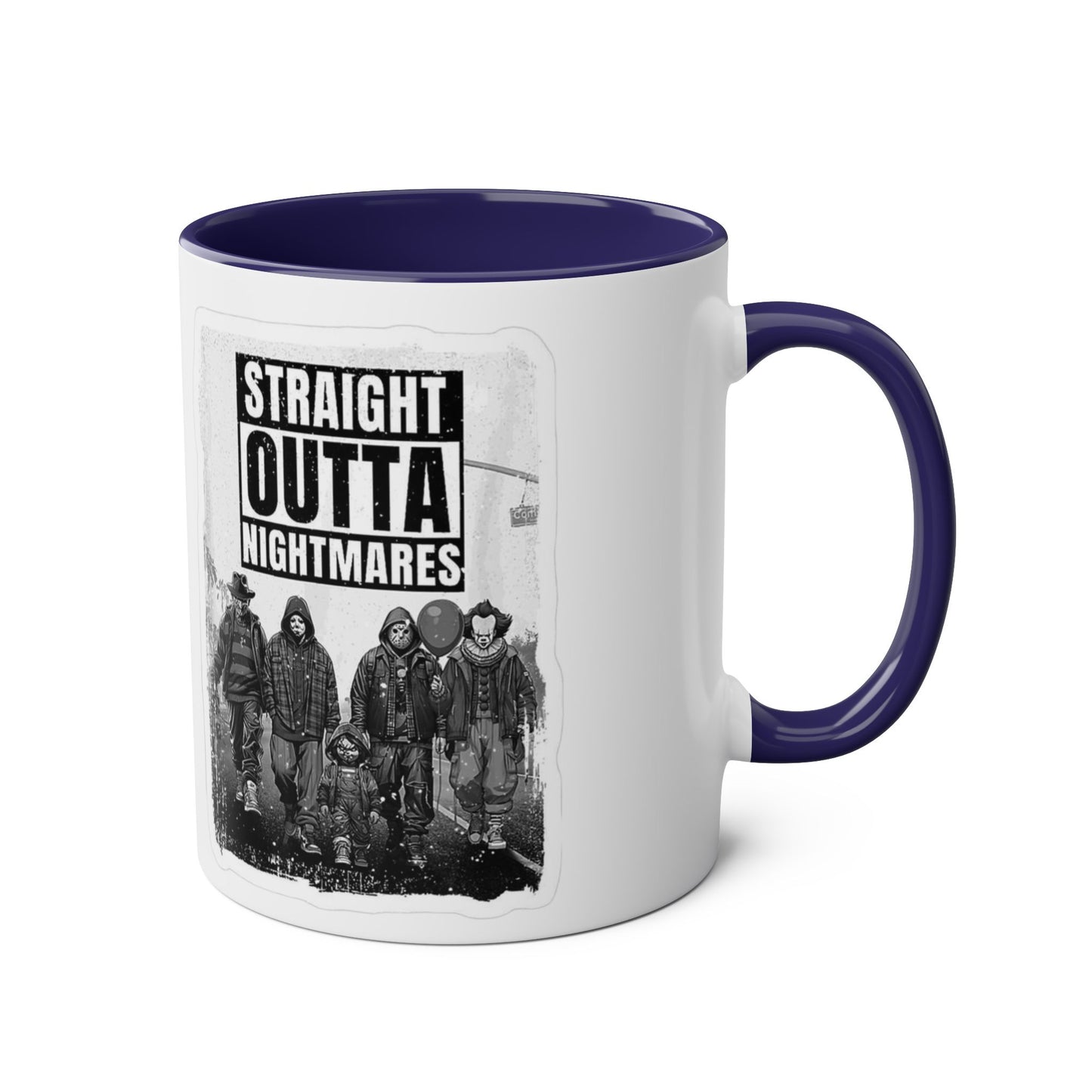 Straight Outta Nightmares Two-Tone Coffee Mug, Unique Gift for Halloween, Fun Office Decor, Red Handle Mug, Collectible Coffee Cup