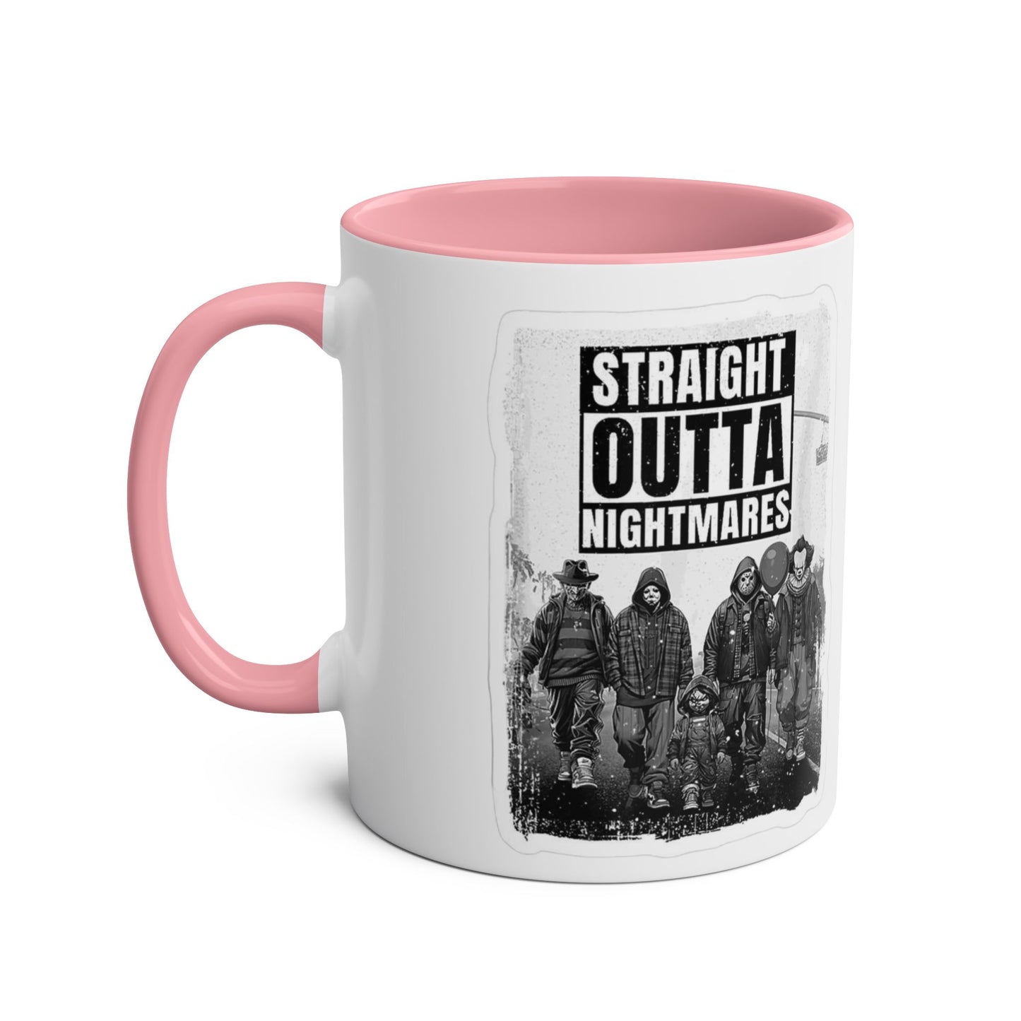 Straight Outta Nightmares Two-Tone Coffee Mug, Unique Gift for Halloween, Fun Office Decor, Red Handle Mug, Collectible Coffee Cup