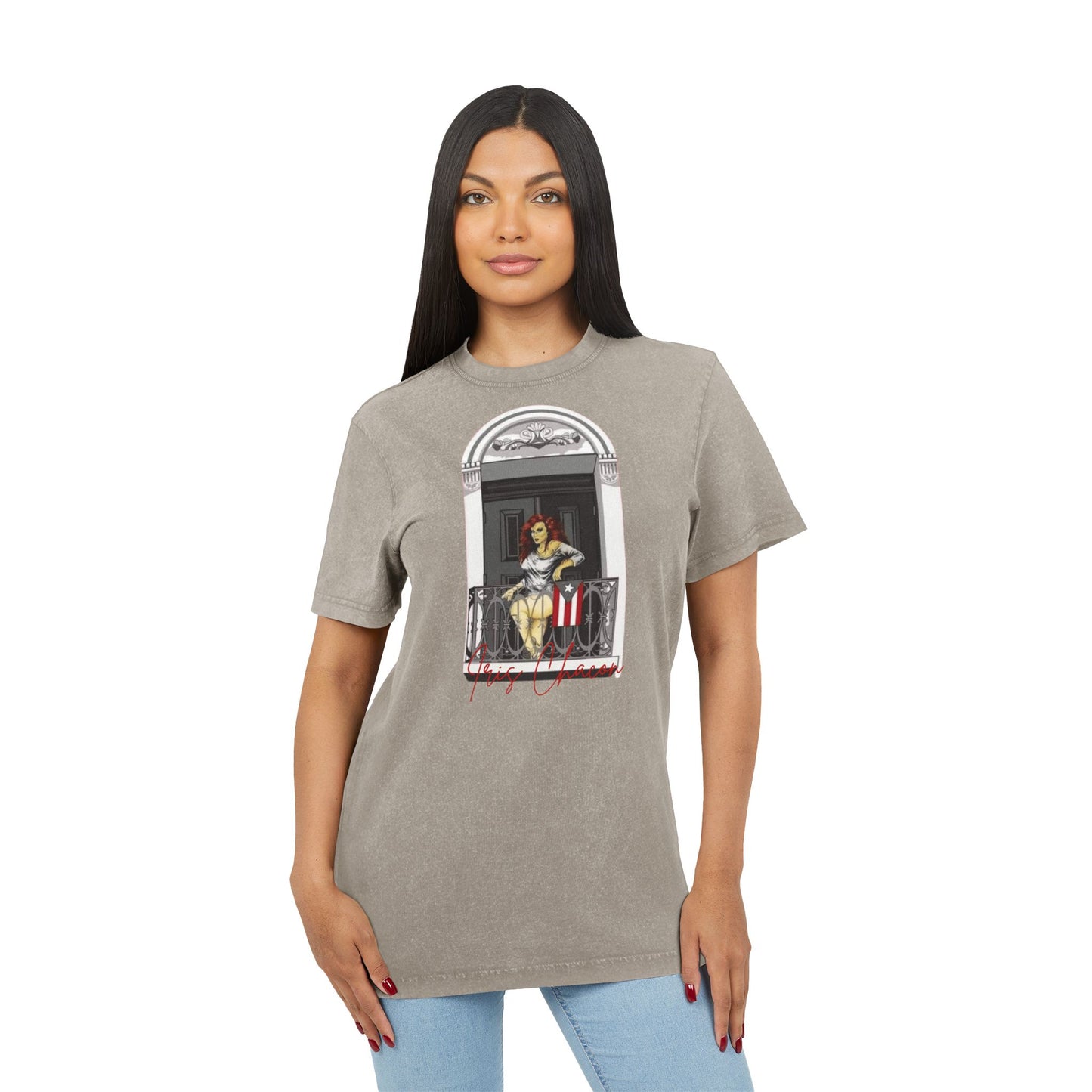 Iris Chacon Orgullo Boricua Chic Acid Washed Tee featuring Balcony Art, Stylish Casual T-Shirt, Graphic Tee for Art Lovers, Cozy Summer Top,