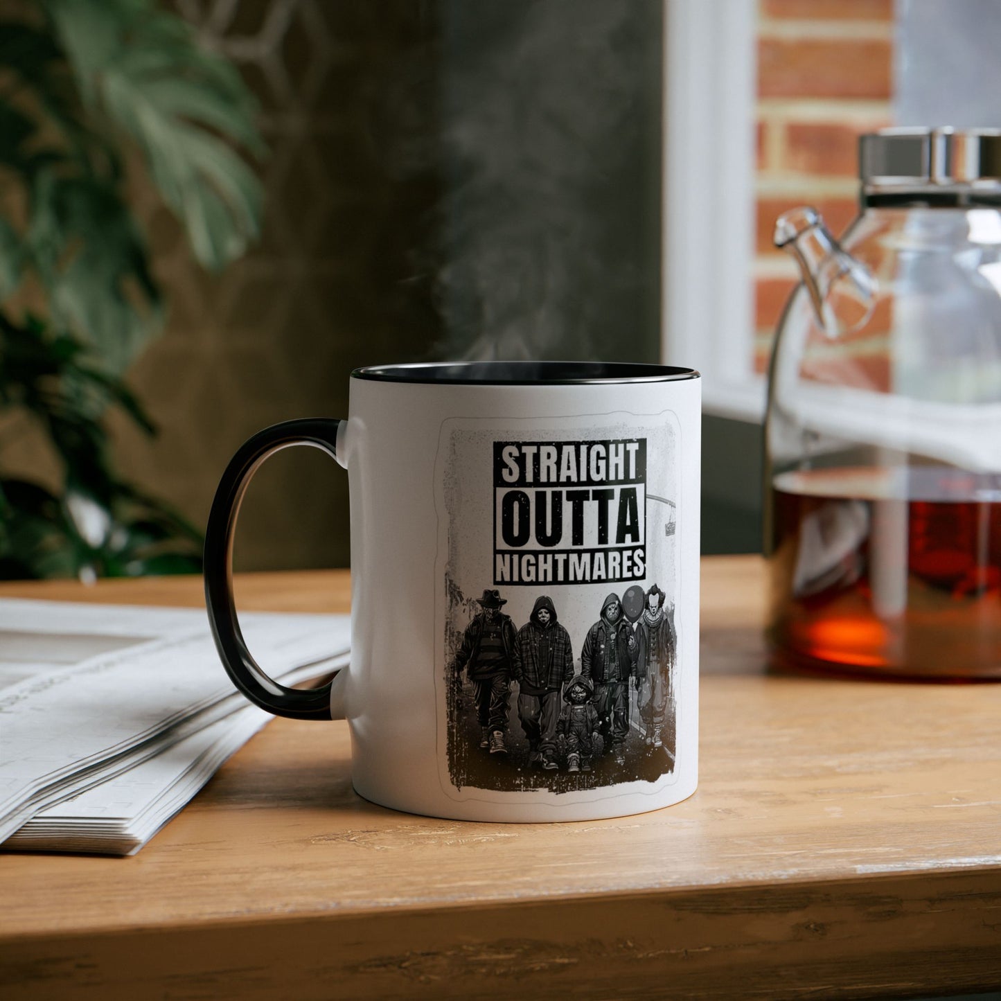 Straight Outta Nightmares Two-Tone Coffee Mug, Unique Gift for Halloween, Fun Office Decor, Red Handle Mug, Collectible Coffee Cup