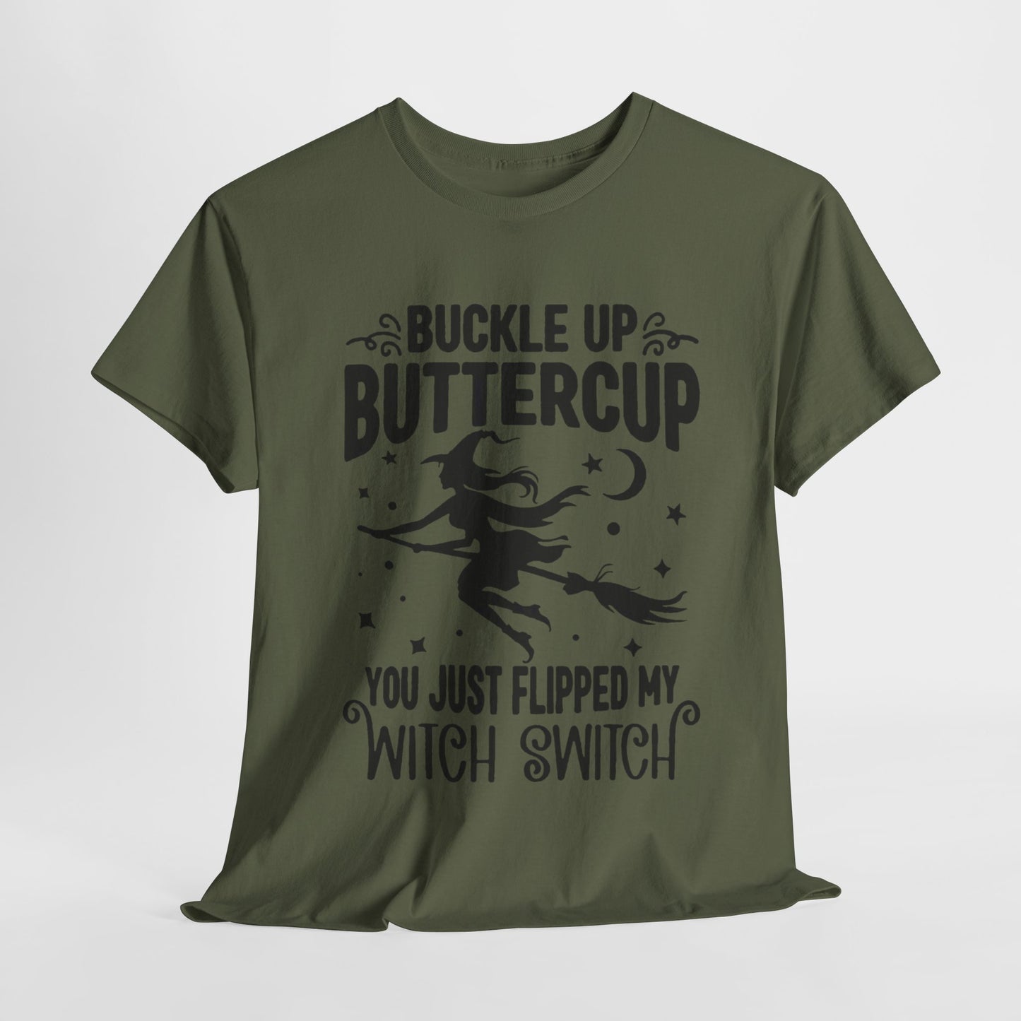 Witchy Humor Tee - Buckle Up Buttercup, Unisex Heavy Cotton Tee, Halloween Shirt, Casual Wear, Gift for Her, Funny T-Shirt