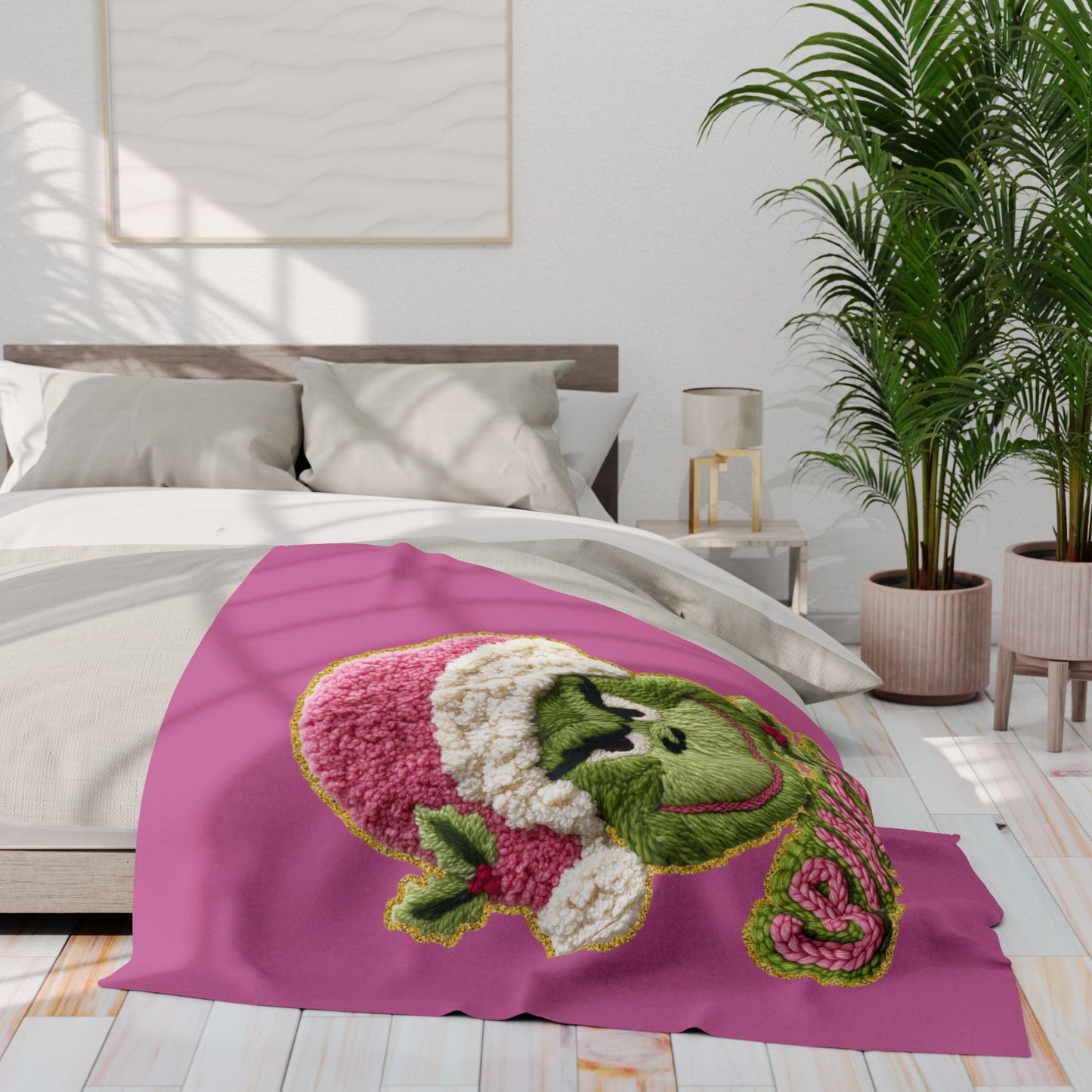 Holiday Christmas Blanket Grinch Holiday Fleece Blanket — Pink Santa Hat Cozy Throw