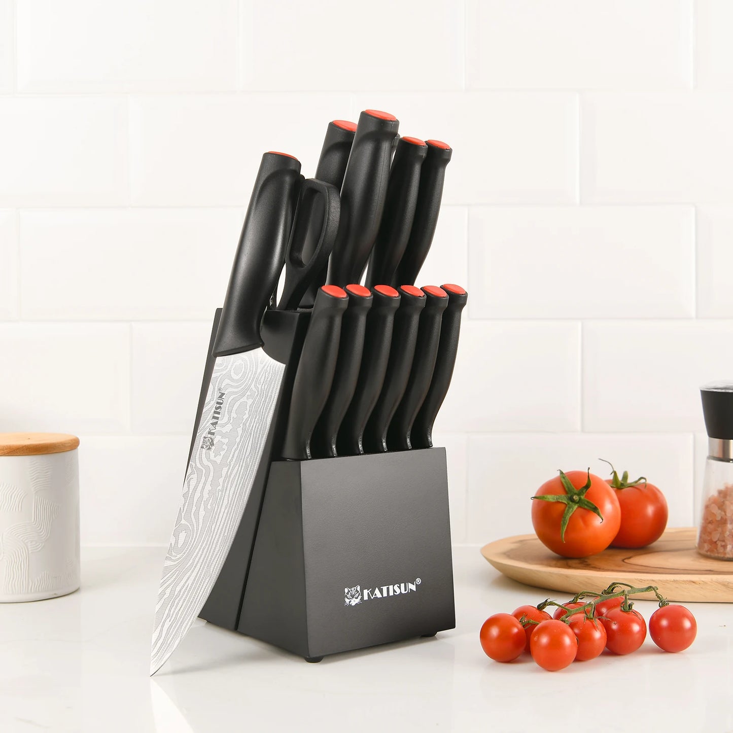 15 Pieces Plastic Handle Stainless Steel Kitchen Chef Knife Set with Inner Sharpener Kitchen Shears
