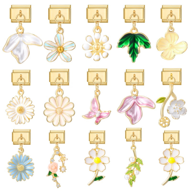 Y2K Elegant Flowers Leaves Gold Color Pendant Italian Charm Links Fit 9mm Stainless Steel Bracelet Women DIY Making Gifts