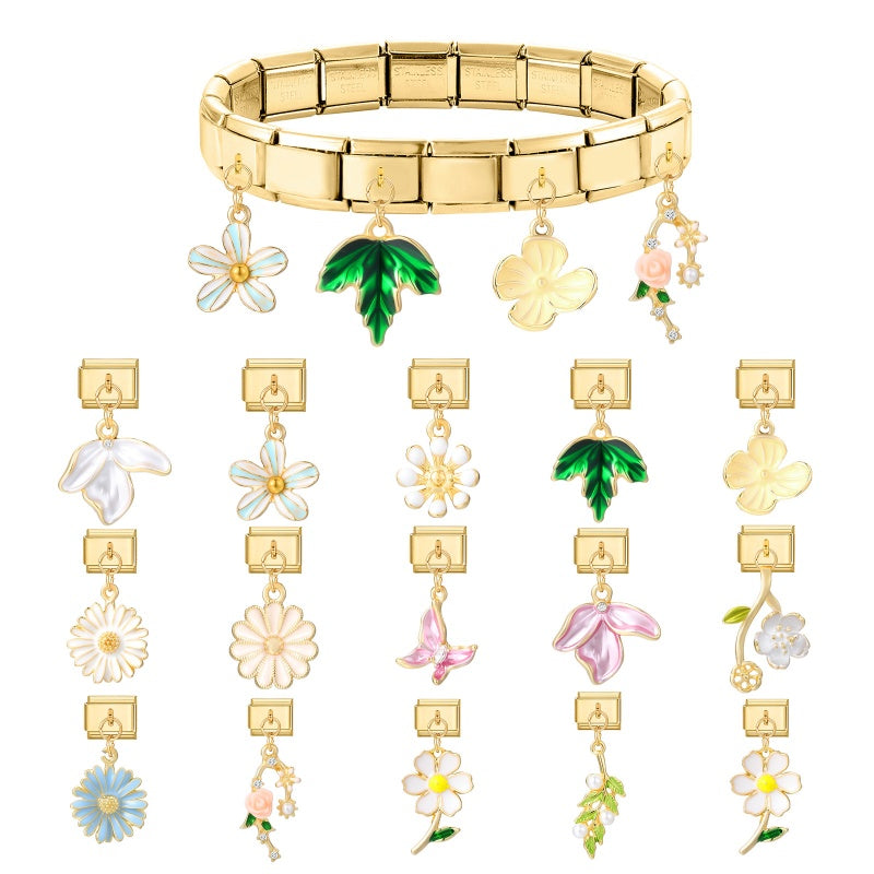 Y2K Elegant Flowers Leaves Gold Color Pendant Italian Charm Links Fit 9mm Stainless Steel Bracelet Women DIY Making Gifts