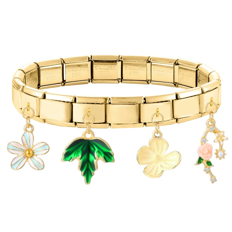 Y2K Elegant Flowers Leaves Gold Color Pendant Italian Charm Links Fit 9mm Stainless Steel Bracelet Women DIY Making Gifts