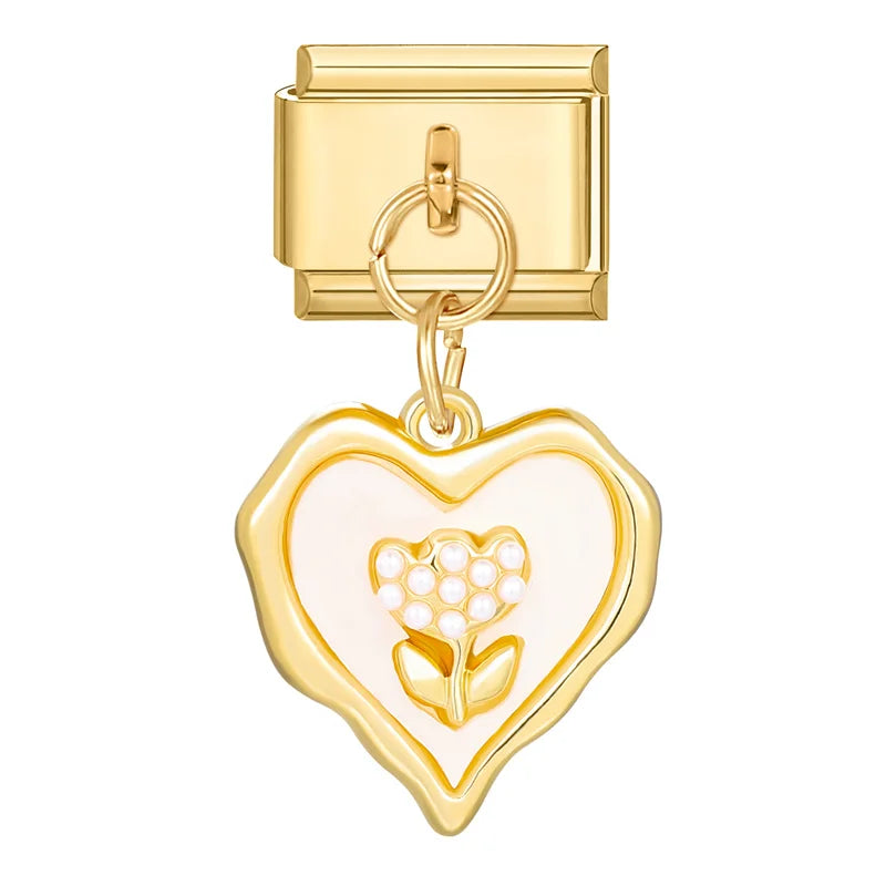 Y2K Elegant Flowers Leaves Gold Color Pendant Italian Charm Links Fit 9mm Stainless Steel Bracelet Women DIY Making Gifts
