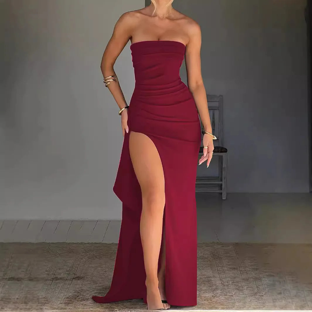 2025 Strapless Backless High Split Maxi Dress for Women Black Off-shoulder Sleeveless Bodycon Club Party Long Dress New Clothes
