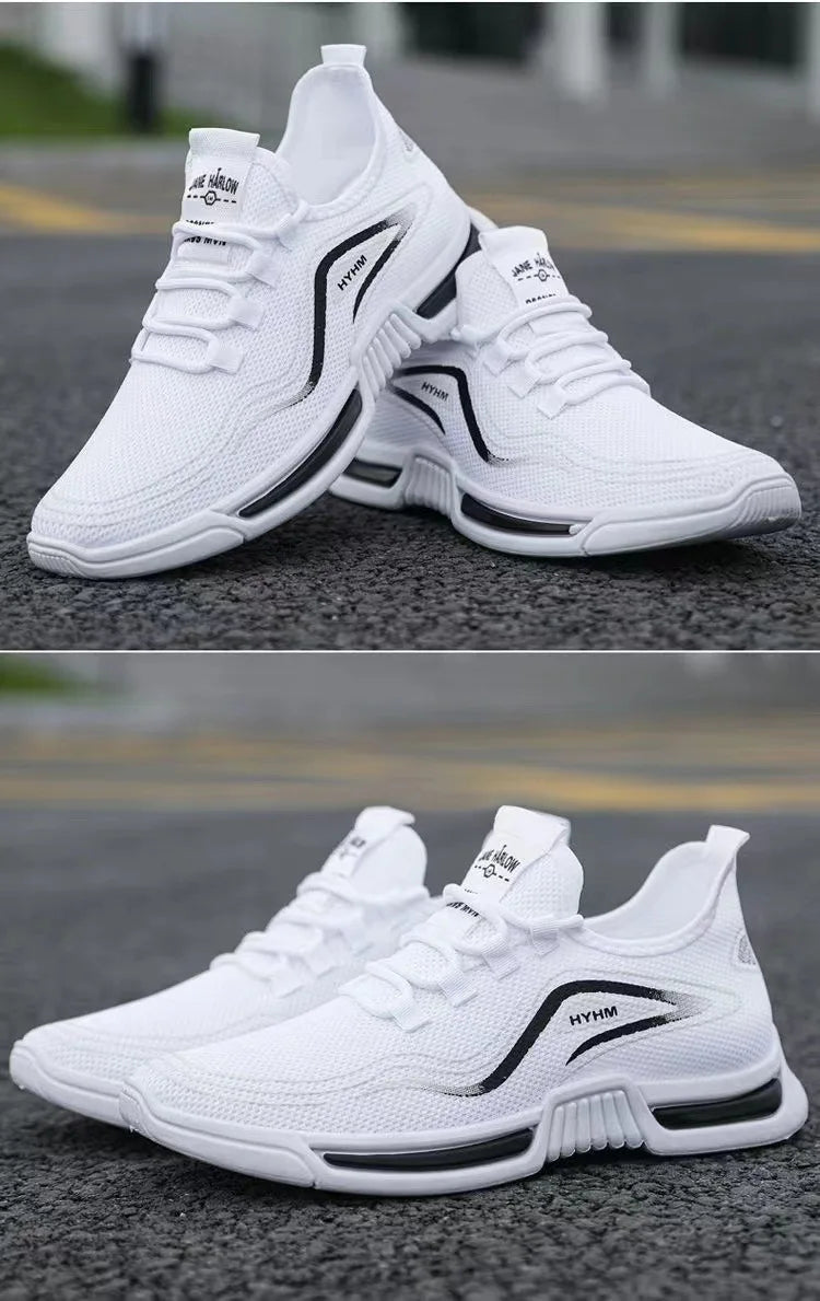 2025 new men's shoes, sports and trendy shoes, anti slip and casual running, fly woven breathable and comfortable white shoes