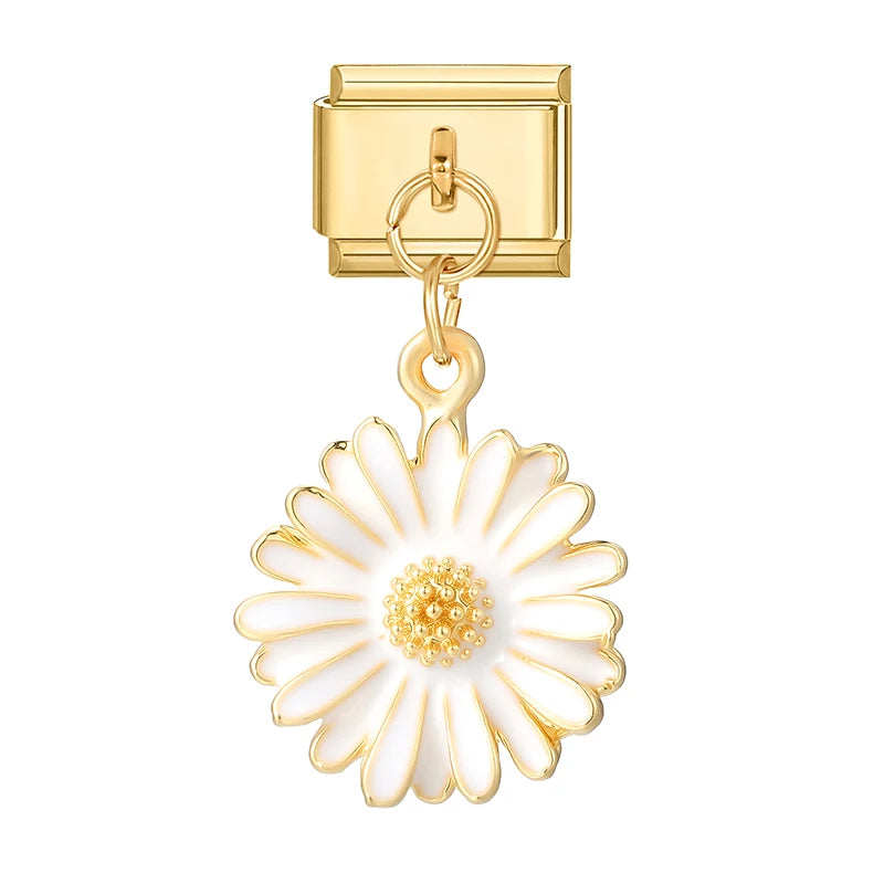 Y2K Elegant Flowers Leaves Gold Color Pendant Italian Charm Links Fit 9mm Stainless Steel Bracelet Women DIY Making Gifts