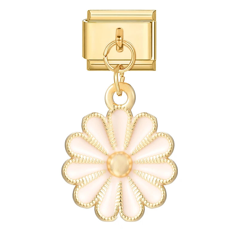 Y2K Elegant Flowers Leaves Gold Color Pendant Italian Charm Links Fit 9mm Stainless Steel Bracelet Women DIY Making Gifts