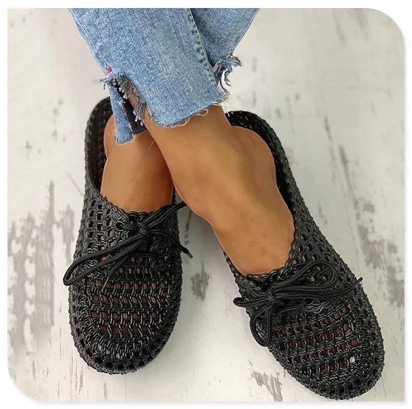 Women's Sandals Summer Hollow Toecap Female Flat Slippers Outdoor Casual Beach Solid Color Breathable Soft Ladies Hole Sandals