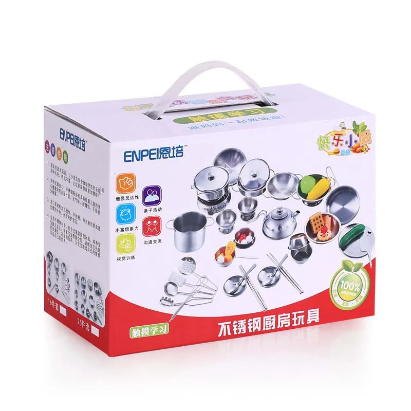 25pcs Children Stainless Steel Pretend Play Food Kitchen Cookware Set Toy Mini Cooking Game Pot Shovel Tinplate Kid Kitchen Toy