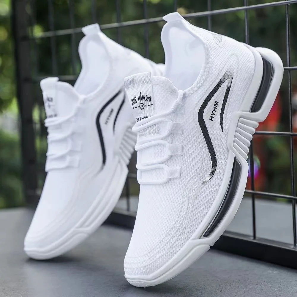 2025 new men's shoes, sports and trendy shoes, anti slip and casual running, fly woven breathable and comfortable white shoes