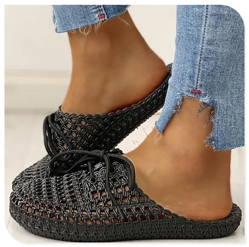 Women's Sandals Summer Hollow Toecap Female Flat Slippers Outdoor Casual Beach Solid Color Breathable Soft Ladies Hole Sandals