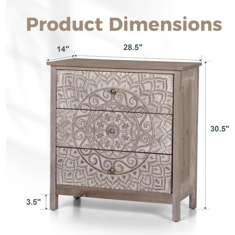 3 Drawer Dresser Set of 2, Large Chest of Drawers with Roller Slides Farmhouse 30.5" Tall Wooden Nightstand Boho Accent Storage