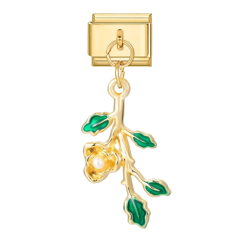 Y2K Elegant Flowers Leaves Gold Color Pendant Italian Charm Links Fit 9mm Stainless Steel Bracelet Women DIY Making Gifts