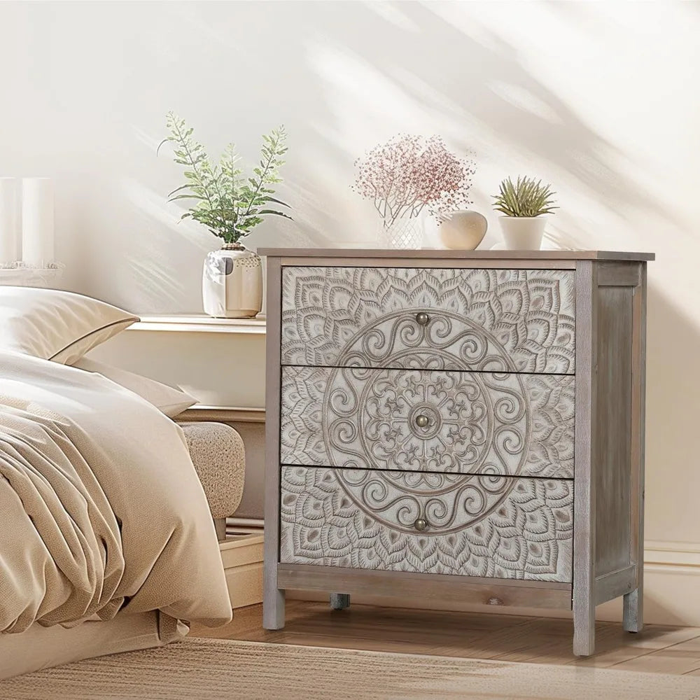 3 Drawer Dresser Set of 2, Large Chest of Drawers with Roller Slides Farmhouse 30.5" Tall Wooden Nightstand Boho Accent Storage