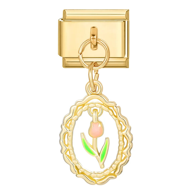 Y2K Elegant Flowers Leaves Gold Color Pendant Italian Charm Links Fit 9mm Stainless Steel Bracelet Women DIY Making Gifts