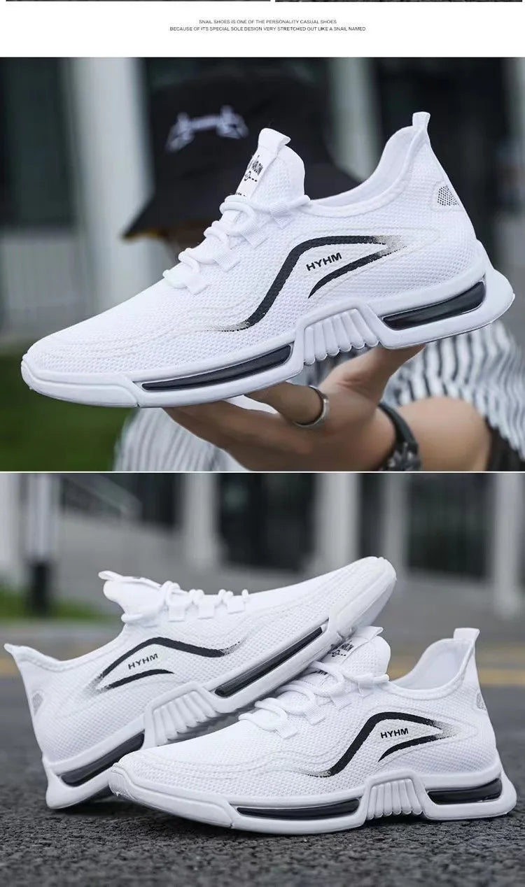 2025 new men's shoes, sports and trendy shoes, anti slip and casual running, fly woven breathable and comfortable white shoes
