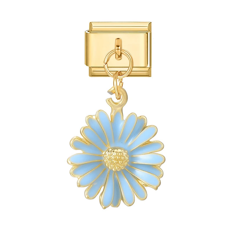 Y2K Elegant Flowers Leaves Gold Color Pendant Italian Charm Links Fit 9mm Stainless Steel Bracelet Women DIY Making Gifts