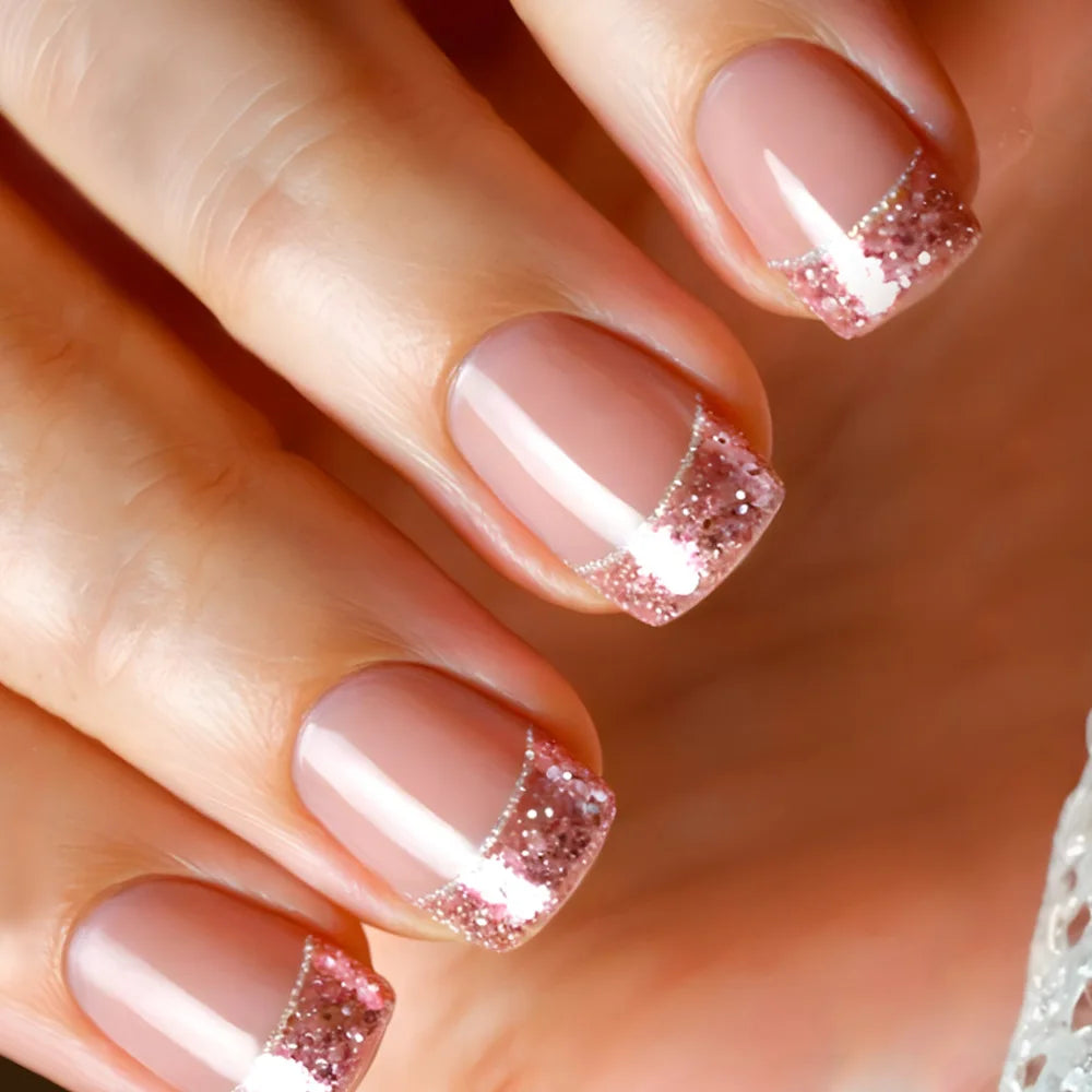 24Pcs Short Square Coffin False Nails Square Fake Nails with Glue French Glitter Wearable Acrylic Nails Set Press on Nail Tips