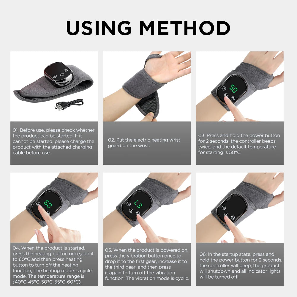 Electric Heating Wrist Massager Hot Compress Vibration Wrist/Ankle Brace Hand Wrist Guard Heating Pad Rechargeable Wristband