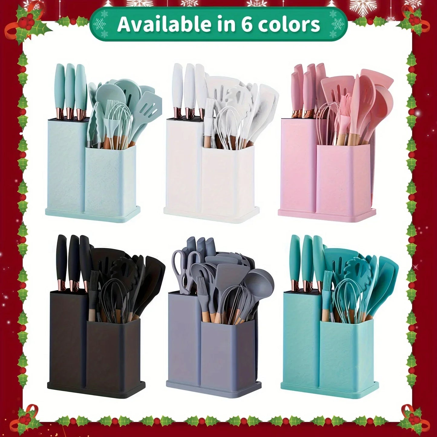 19 Pcs Heat-Resistant Silicone Kitchen Utensil Set w/ Knives Non-Stick Tools in Bamboo Storage Ideal for Hassle-Free Cooking