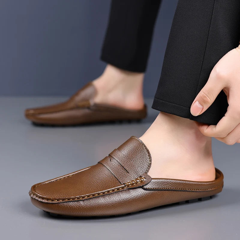 YRZL Loafers Summer Slip on Half Shoes for Men Leather Slippers Casual Breathable Comfy Loafers Moccasins Brown Black Beige
